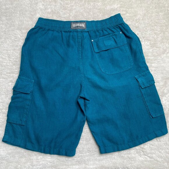 Vilebrequin Boys Peacock Blue 100% Linen Bermuda Shorts Cargo Pockets Size 14 - Picture 1 of 10